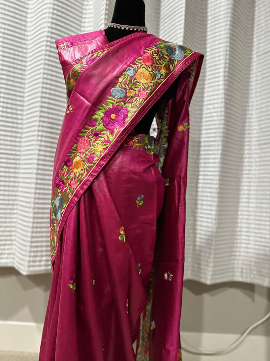 Parsi Gara Inspired Embroidered Tussar Silk Saree