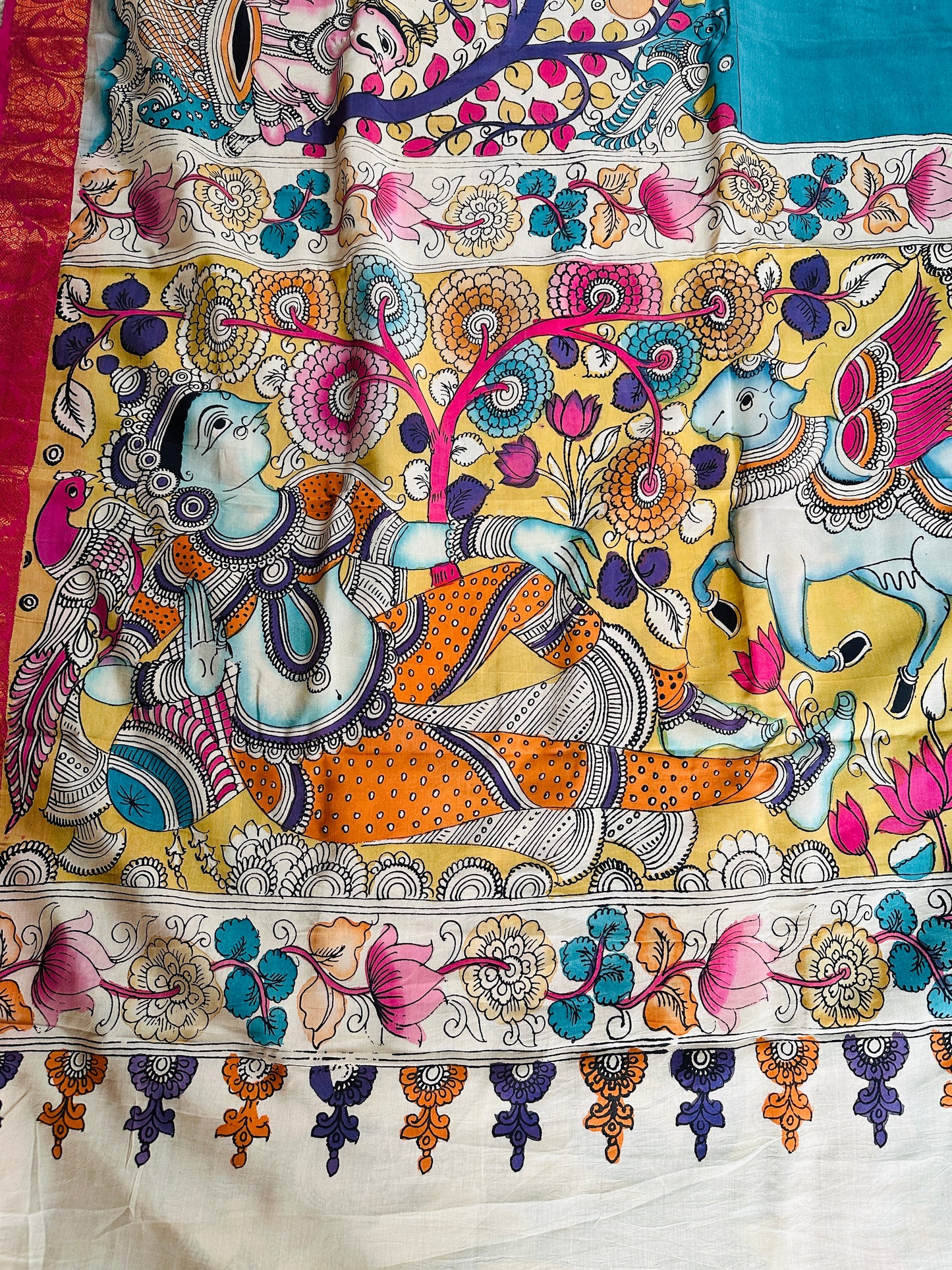 Pen Kalamkari with zari border in Silk - with silk Mark