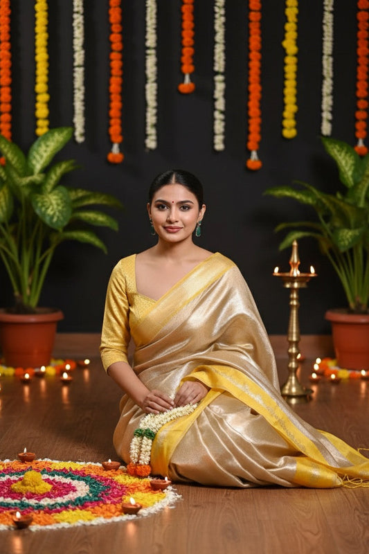 Aahana – The Golden Glow | Tissue Brocade Saree with Satin Border