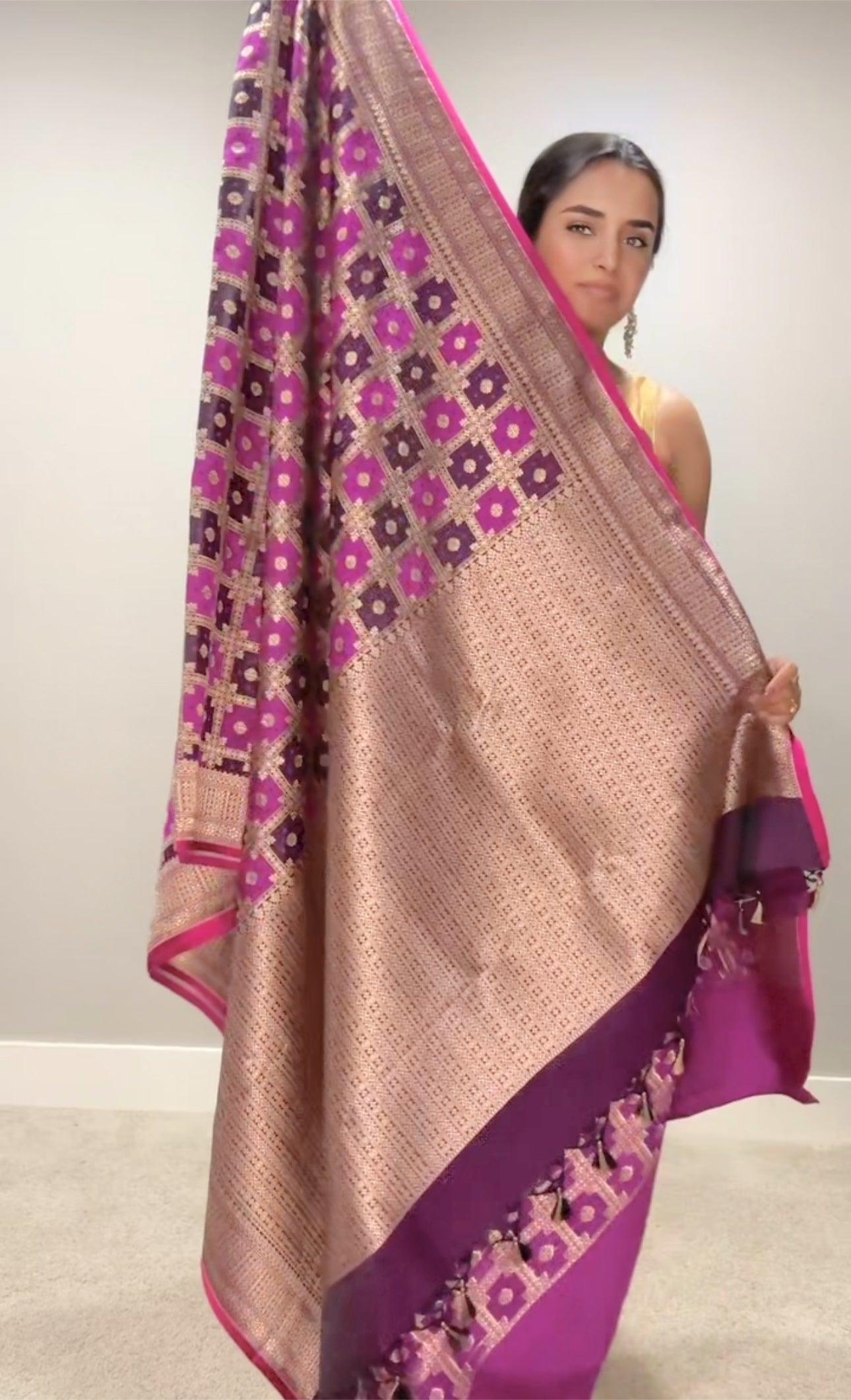 Banarasi Silk Saree Pure Mashru - Iktara weaving- Purple Garchola