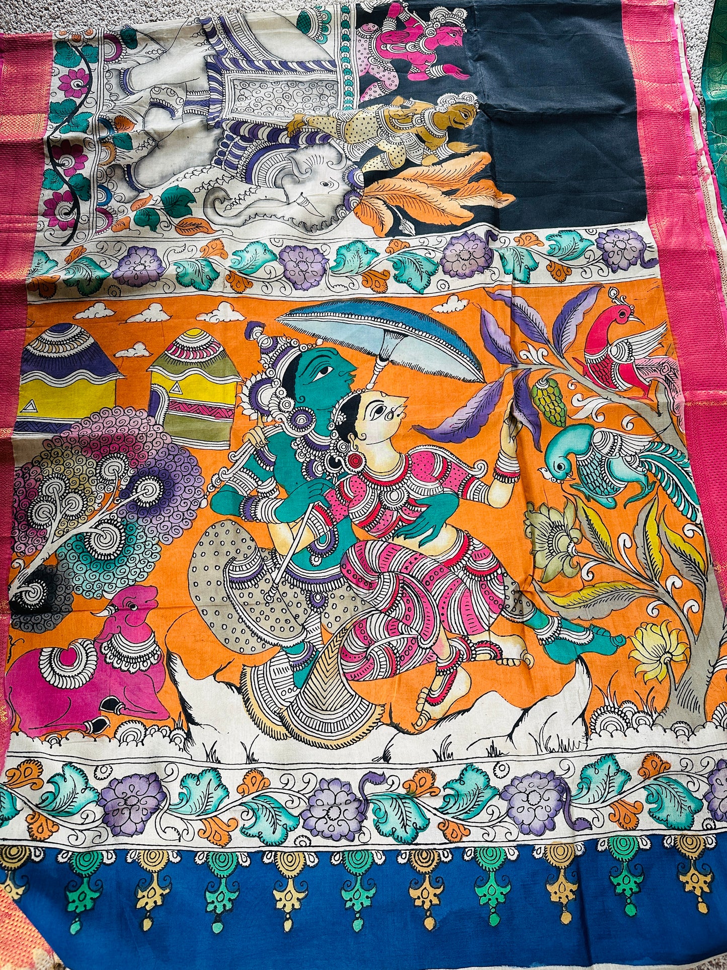 Pen Kalamkari with zari border in Silk - with silk Mark