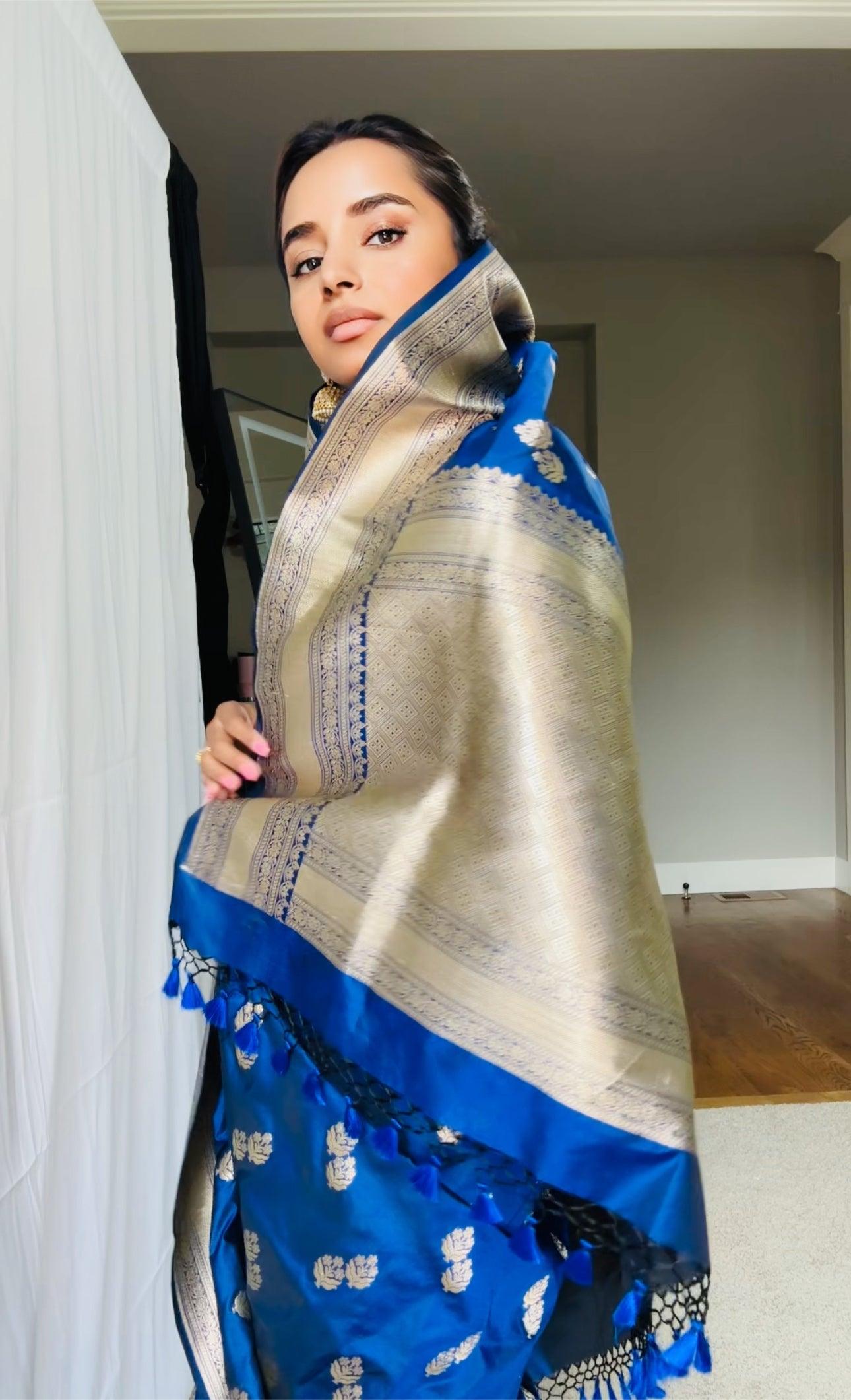 Exquisite Blue Handwoven Katan Silk Saree with Gold Zari Silk Mark Saree with blouse
