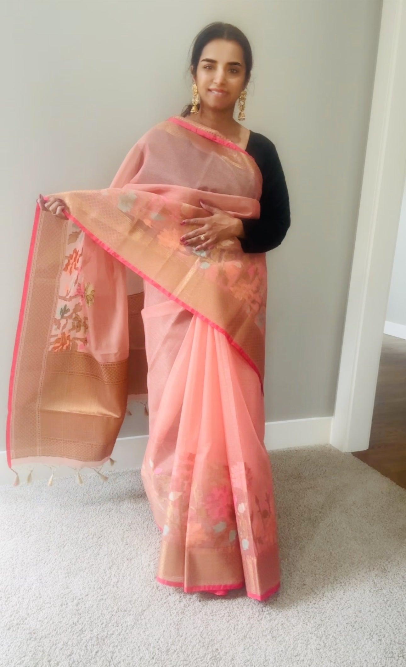 Banarasi Tissue Silk Saree with Skirt Border and sticthed blouse