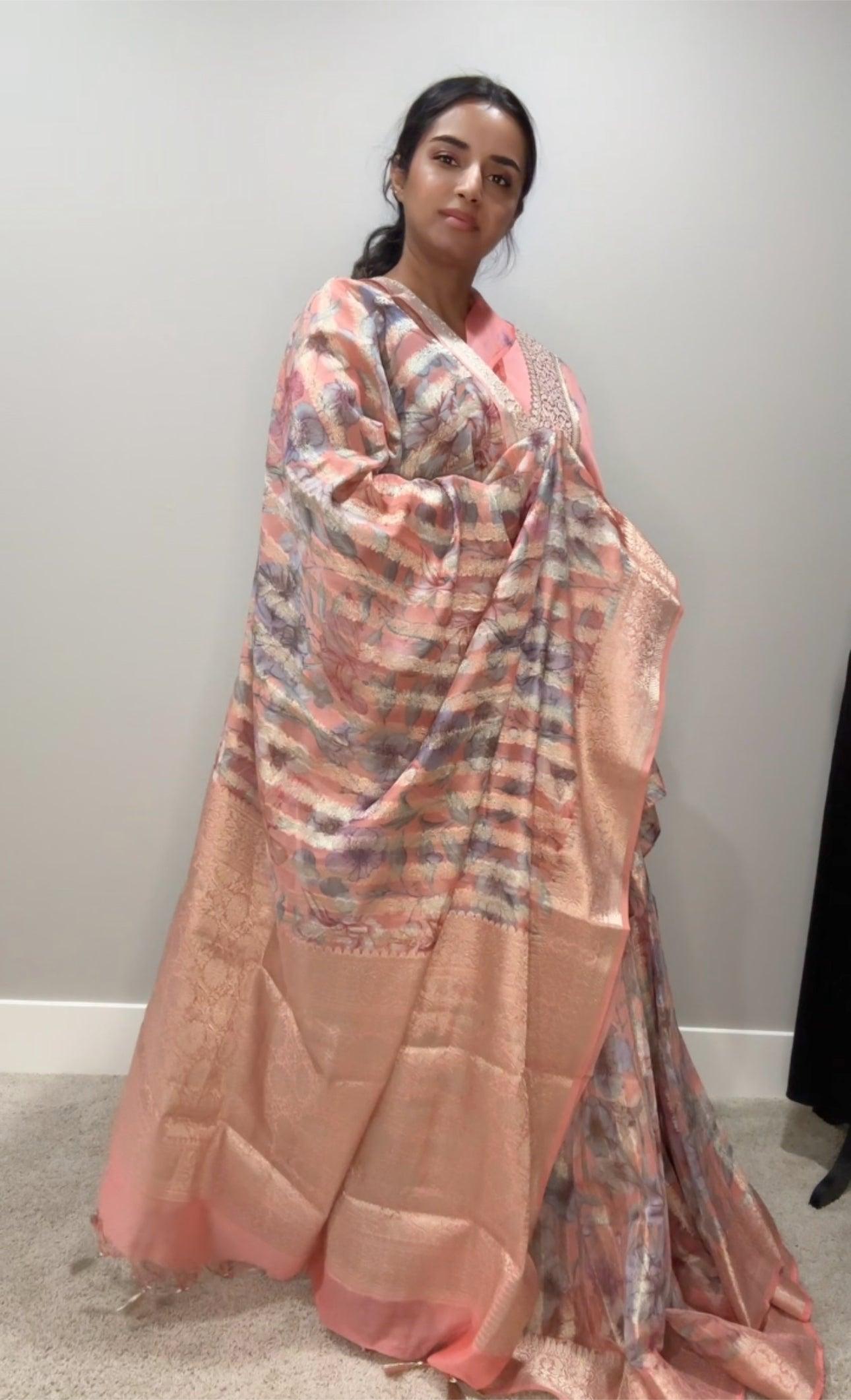Banarsi Georgette Leheriya Saree - Peach with digital print
