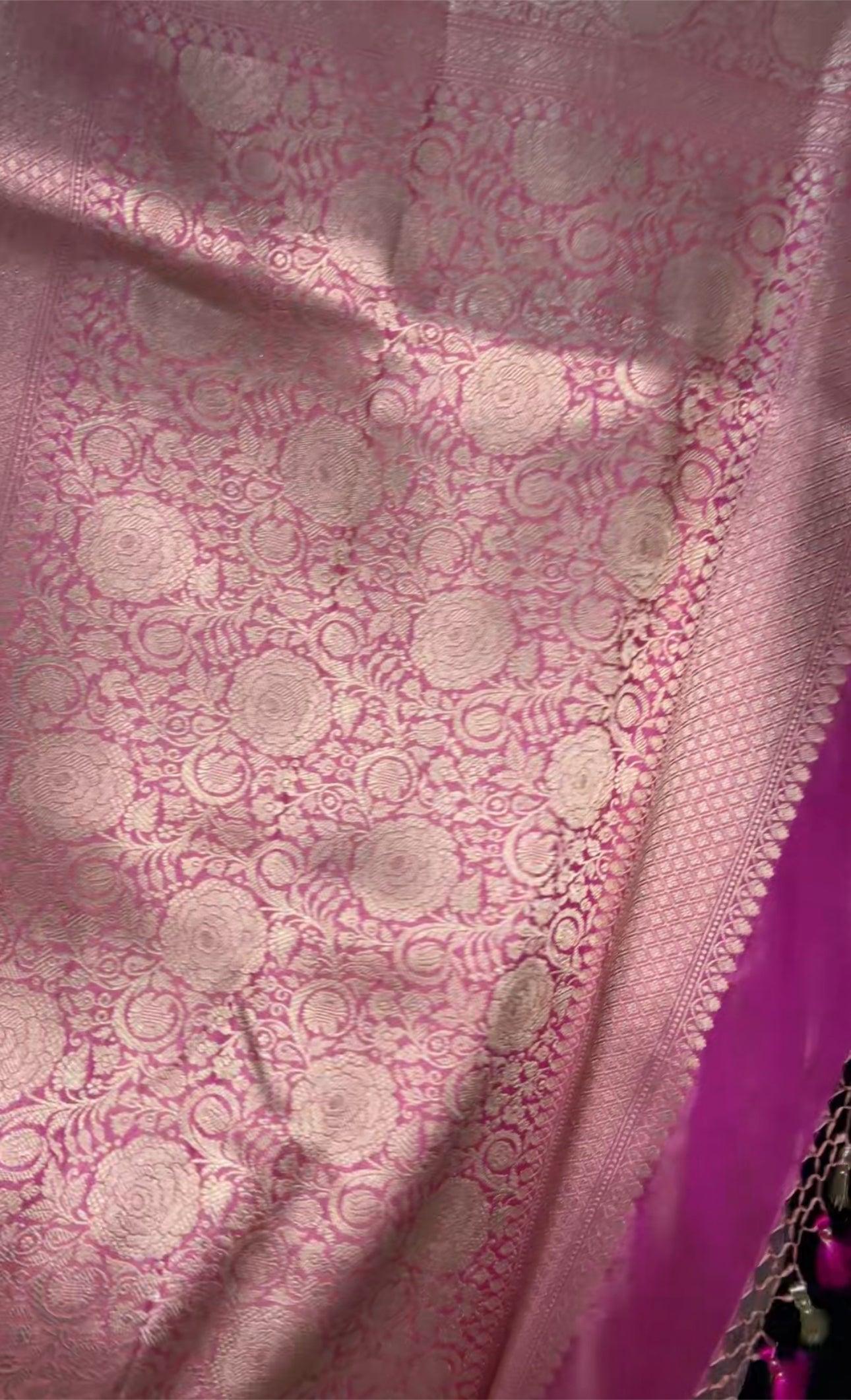 Tanchoi Banarasi Handwoven Pink Katan Silk Saree with Gold Zari Silk Mark Saree with blouse