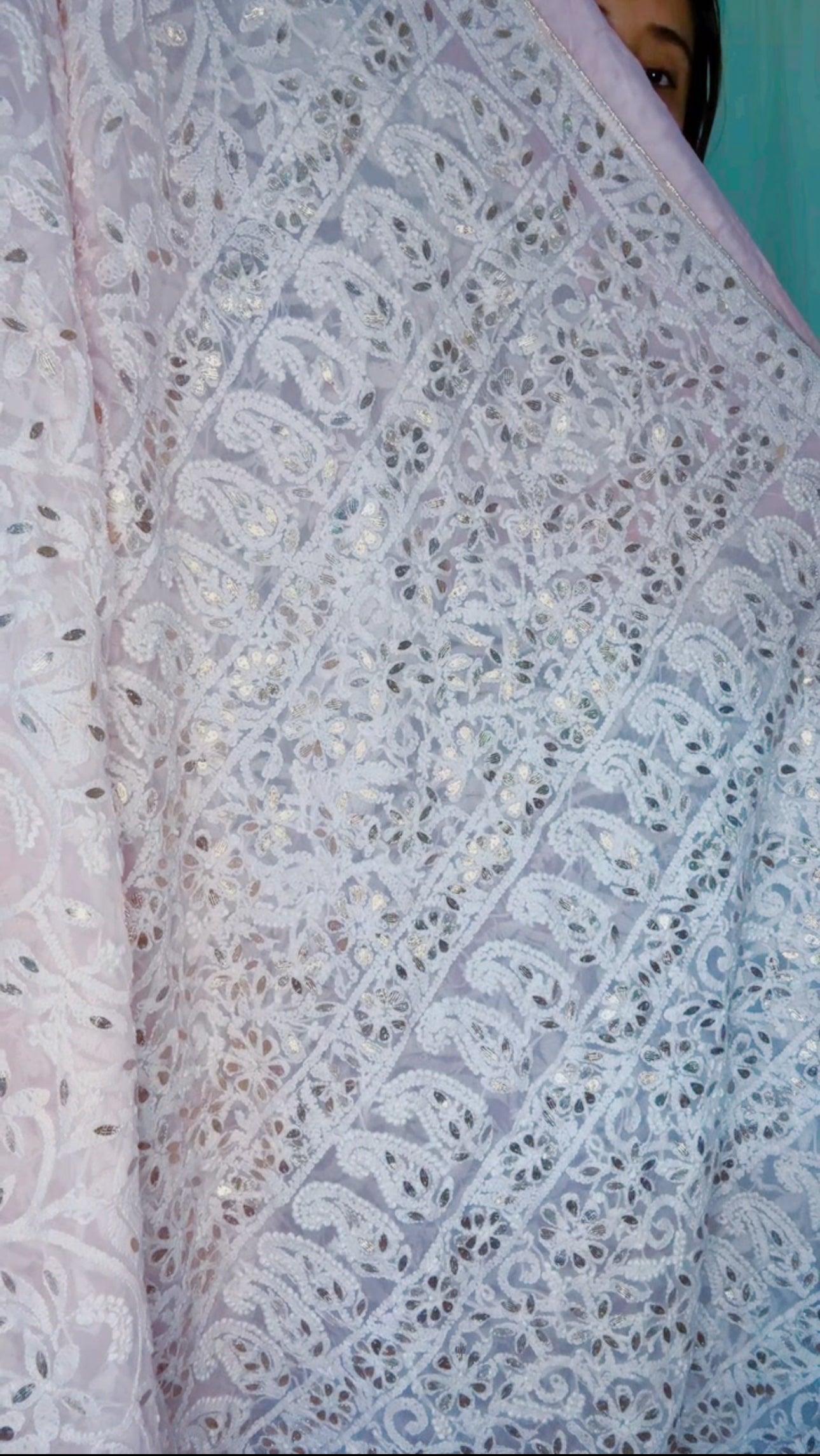 Authentic Hand Lucknowi Chikankari Full Jaal  with Gotta Patti  Georgette Saree Pastel Pink