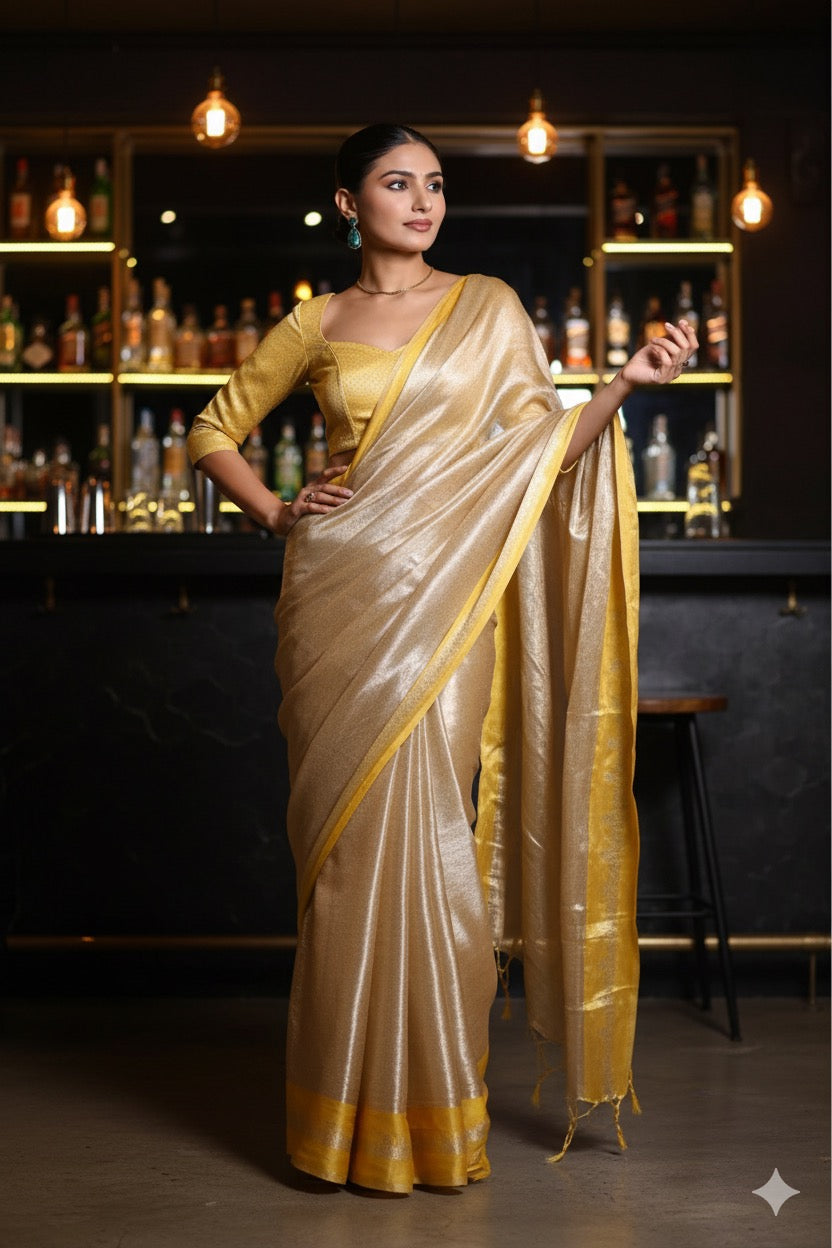 Aahana – The Golden Glow | Tissue Brocade Saree with Satin Border