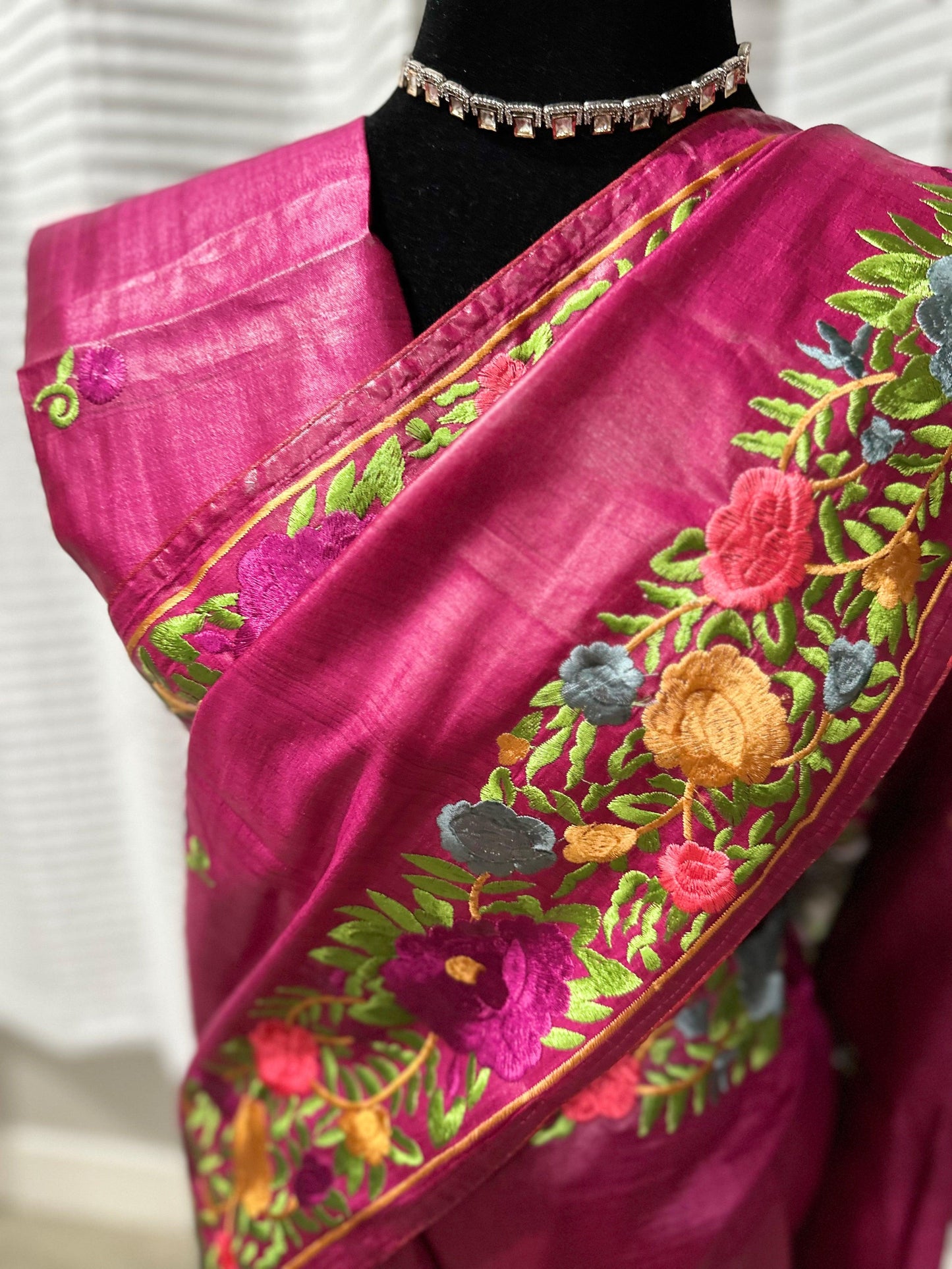 Parsi Gara Inspired Embroidered Tussar Silk Saree