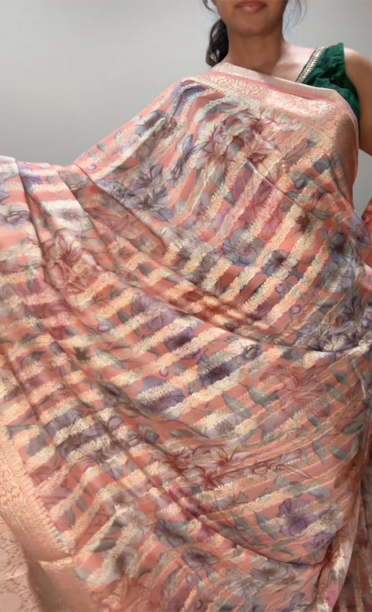 Banarsi Georgette Leheriya Saree - Peach with digital print