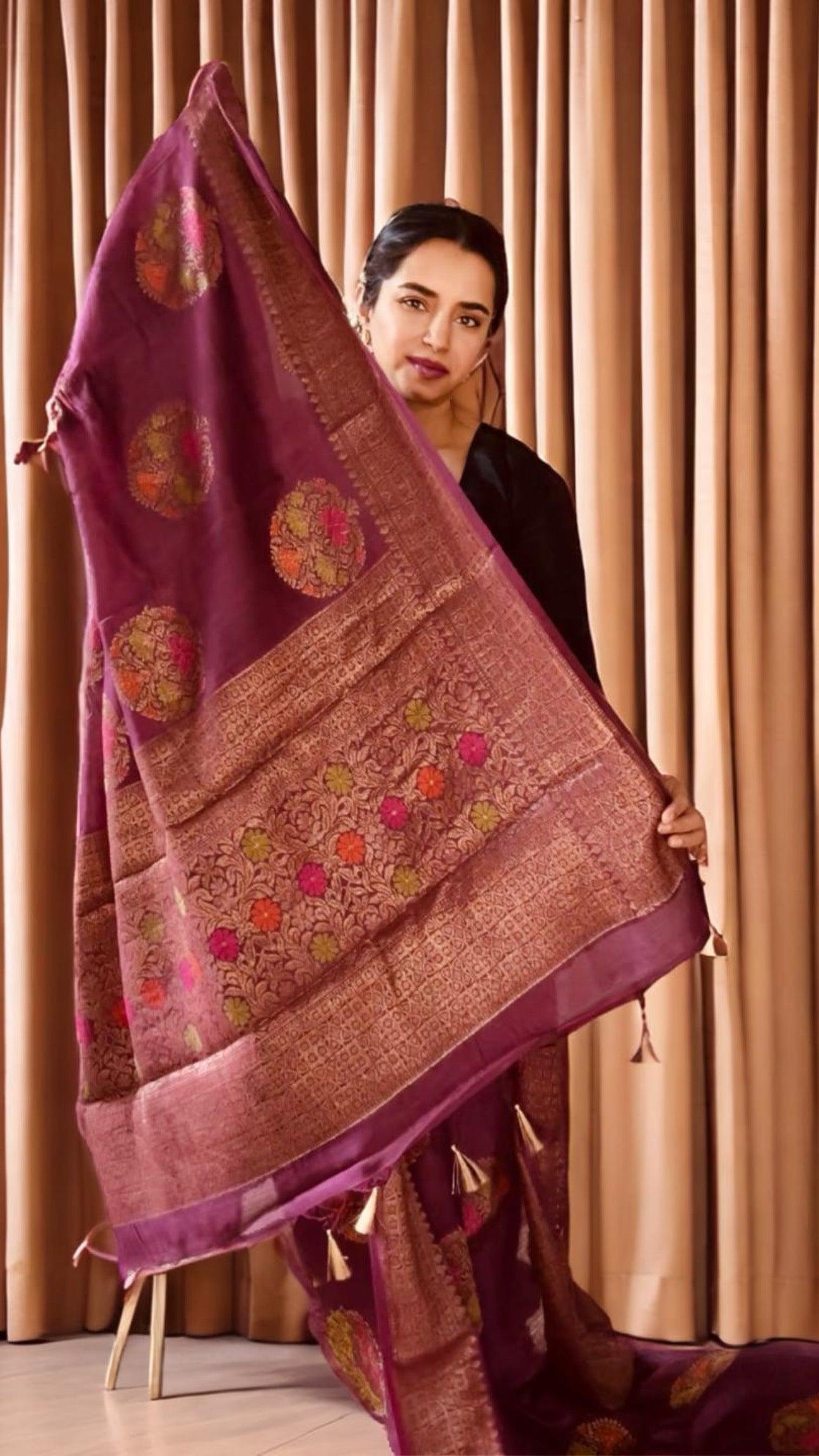 Meenakari Moonga Georgette Banarsi Silk Saree with silk mark