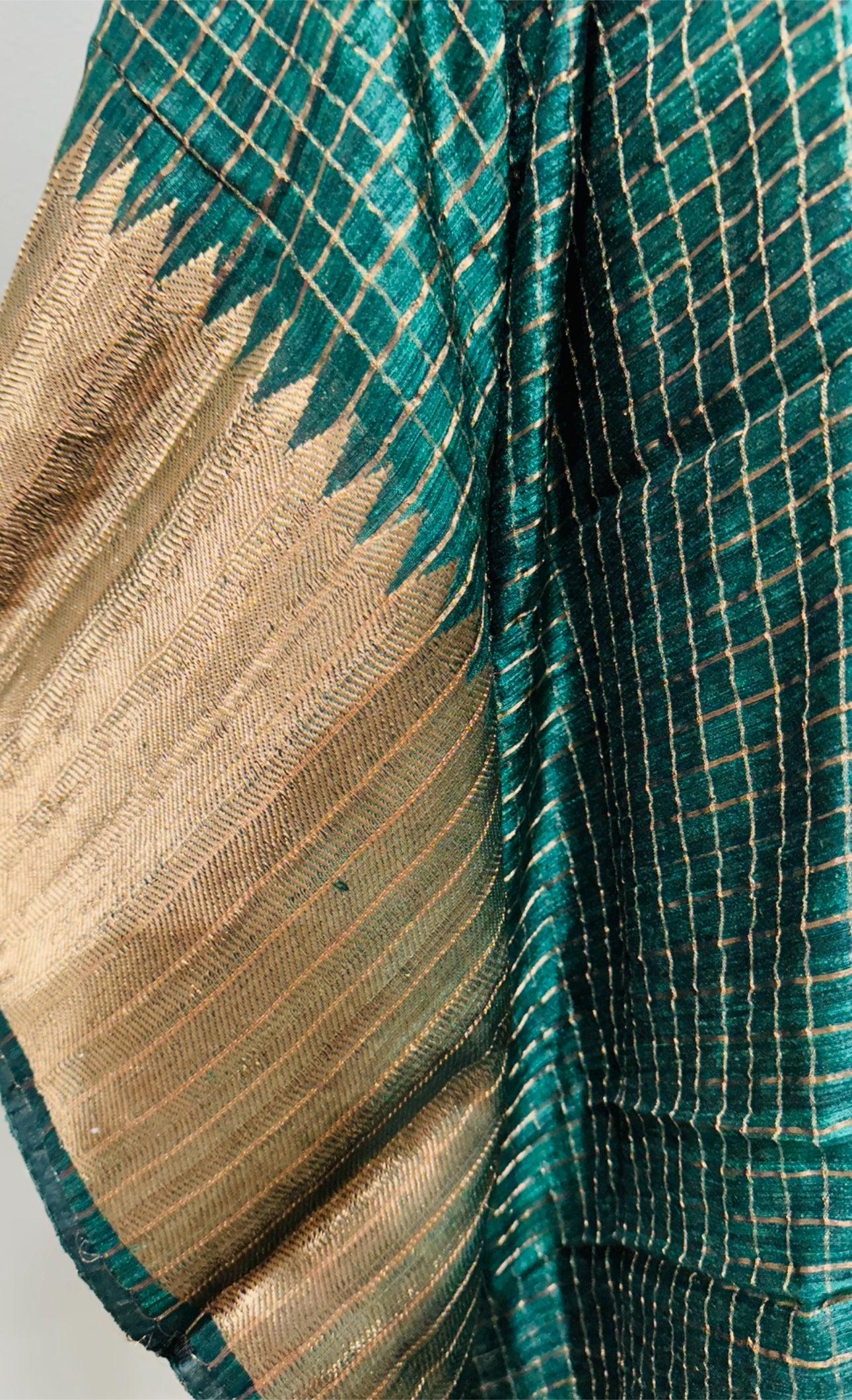 Kanjeewaram Check Saree large border on pure Matka Silk - Green