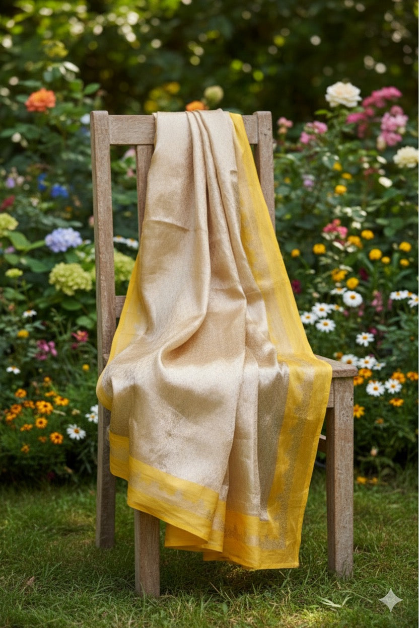 Aahana – The Golden Glow | Tissue Brocade Saree with Satin Border