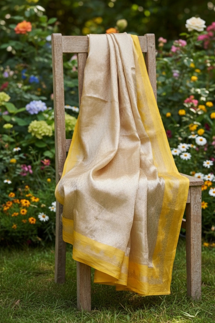 Aahana – The Golden Glow | Tissue Brocade Saree with Satin Border