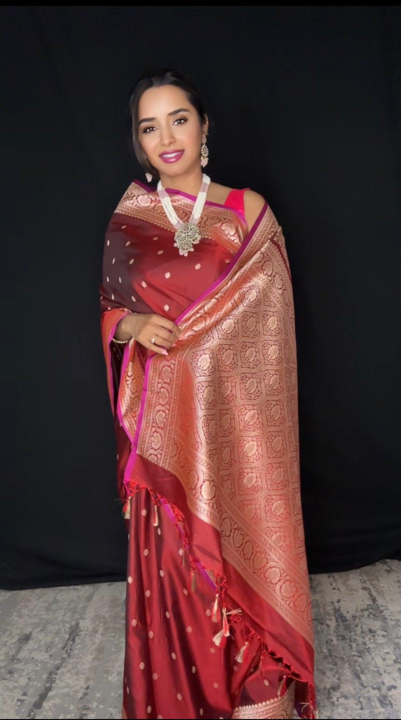 Banarasi Silk Saree Mashru - Dark Pink