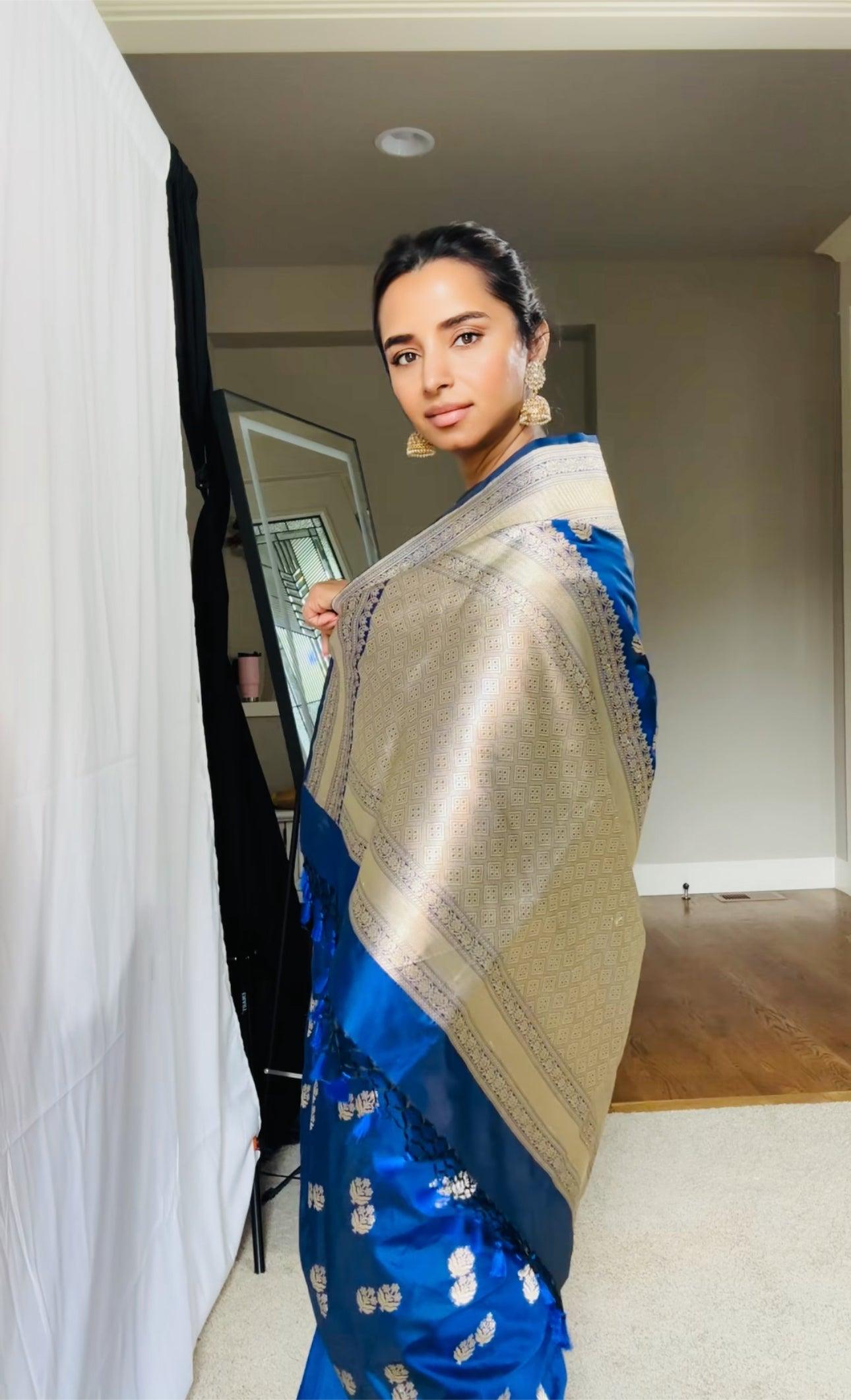 Exquisite Blue Handwoven Katan Silk Saree with Gold Zari Silk Mark Saree with blouse