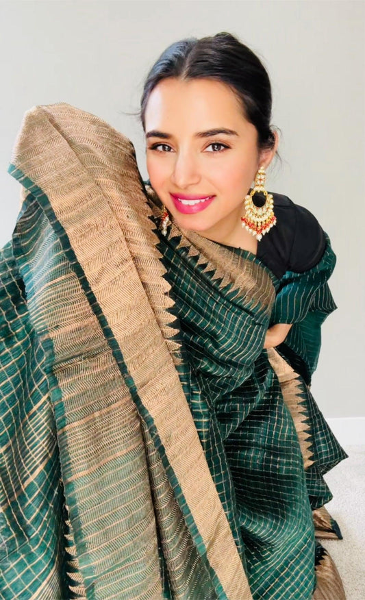 Kanjeewaram Check Saree large border on pure Matka Silk - Green