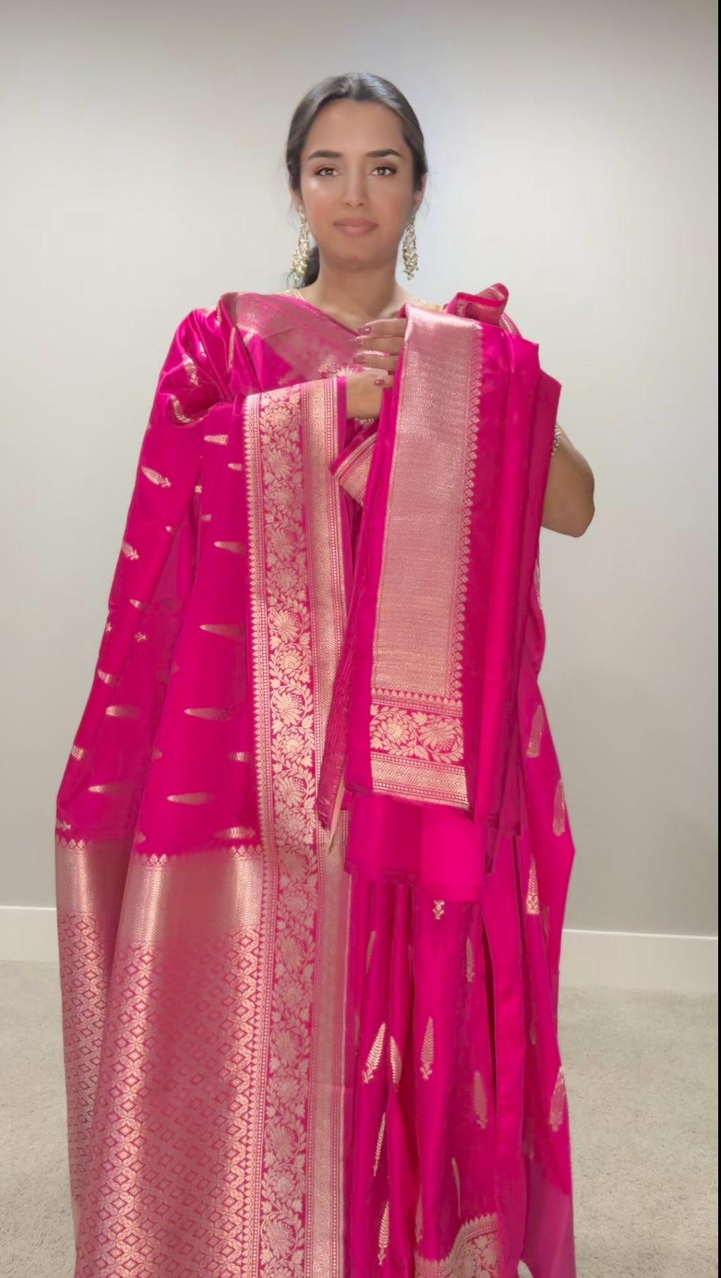 Banarasi Silk Saree Mashru - Dark Pink