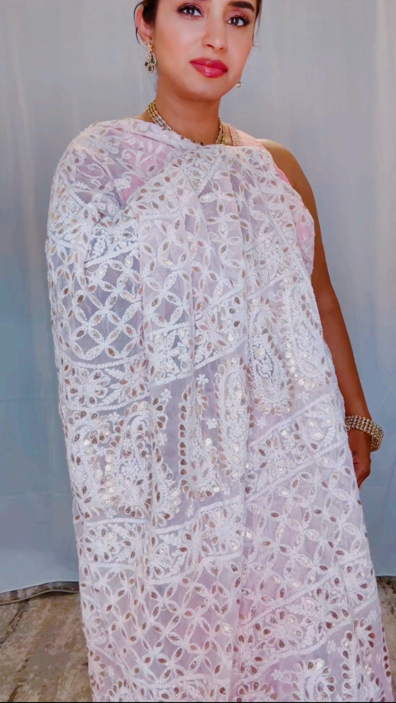 Authentic Hand Lucknowi Chikankari Full Jaal  with Gotta Patti  Georgette Saree Pastel Pink