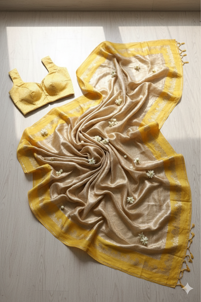 Aahana – The Golden Glow | Tissue Brocade Saree with Satin Border