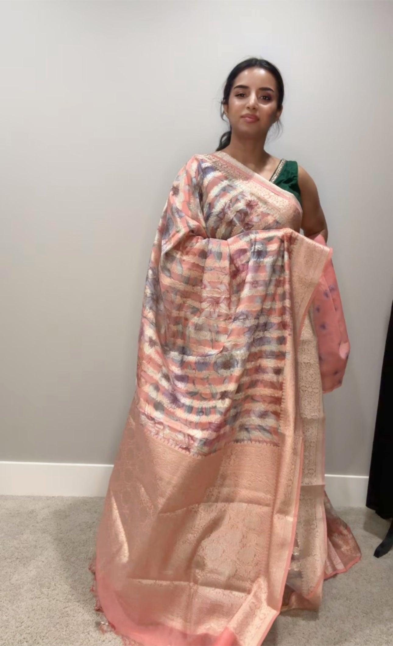 Banarsi Georgette Leheriya Saree - Peach with digital print