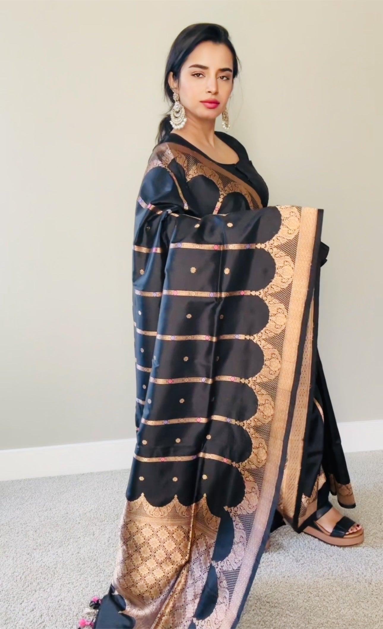 Exquisite Banarasi Handwoven Black Katan Silk Saree Kaduwa with Gold Zari Silk Mark Saree with blouse