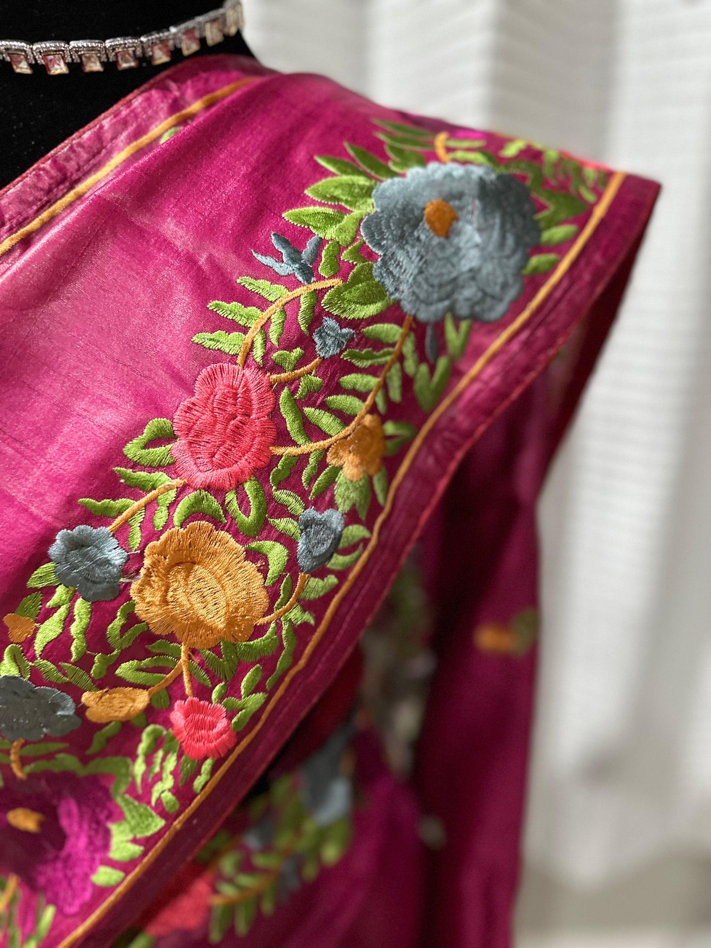 Parsi Gara Inspired Embroidered Tussar Silk Saree