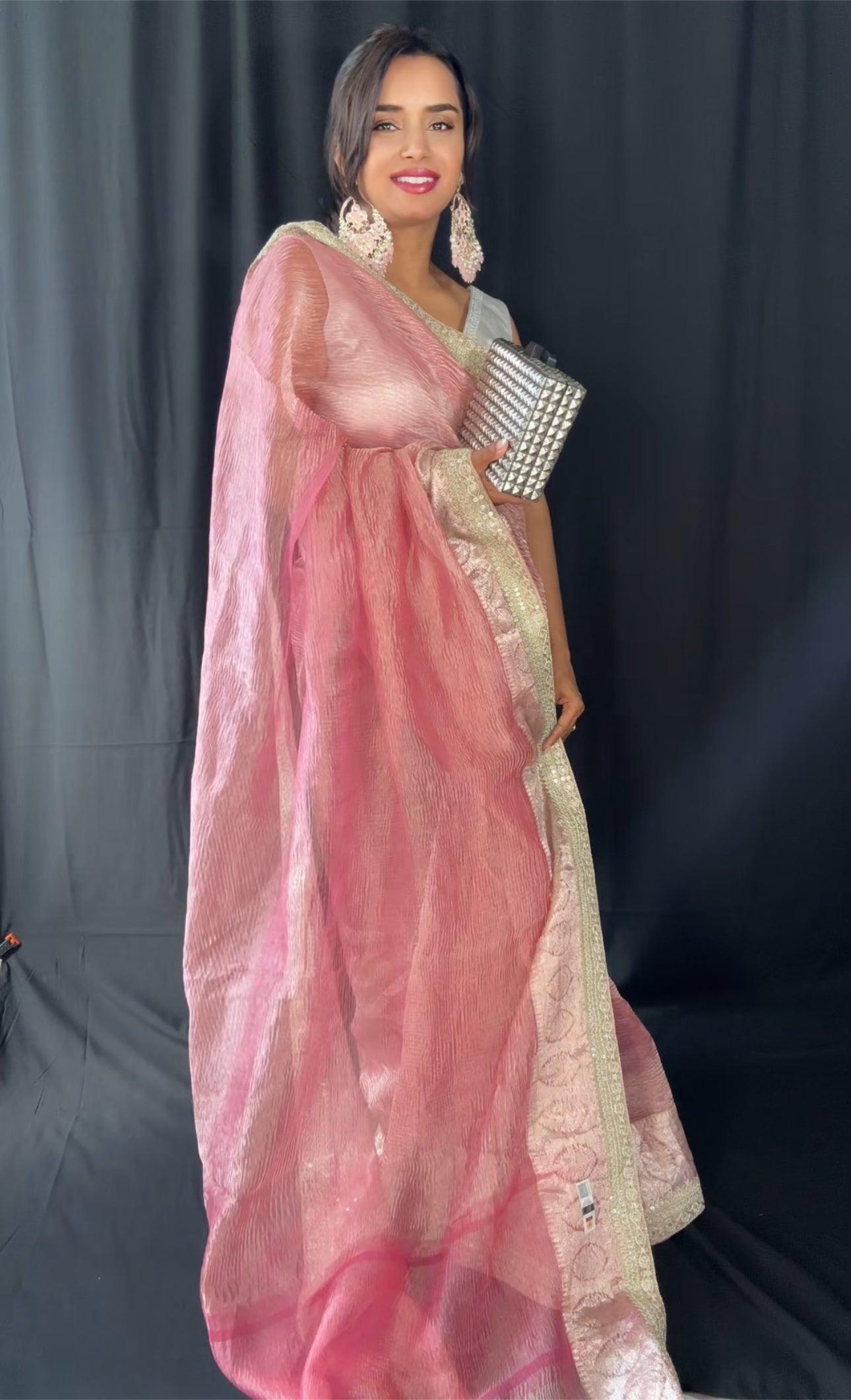 Banarasi Pure Crushed Tissue Silk Handwoven Saree with blouse fabric