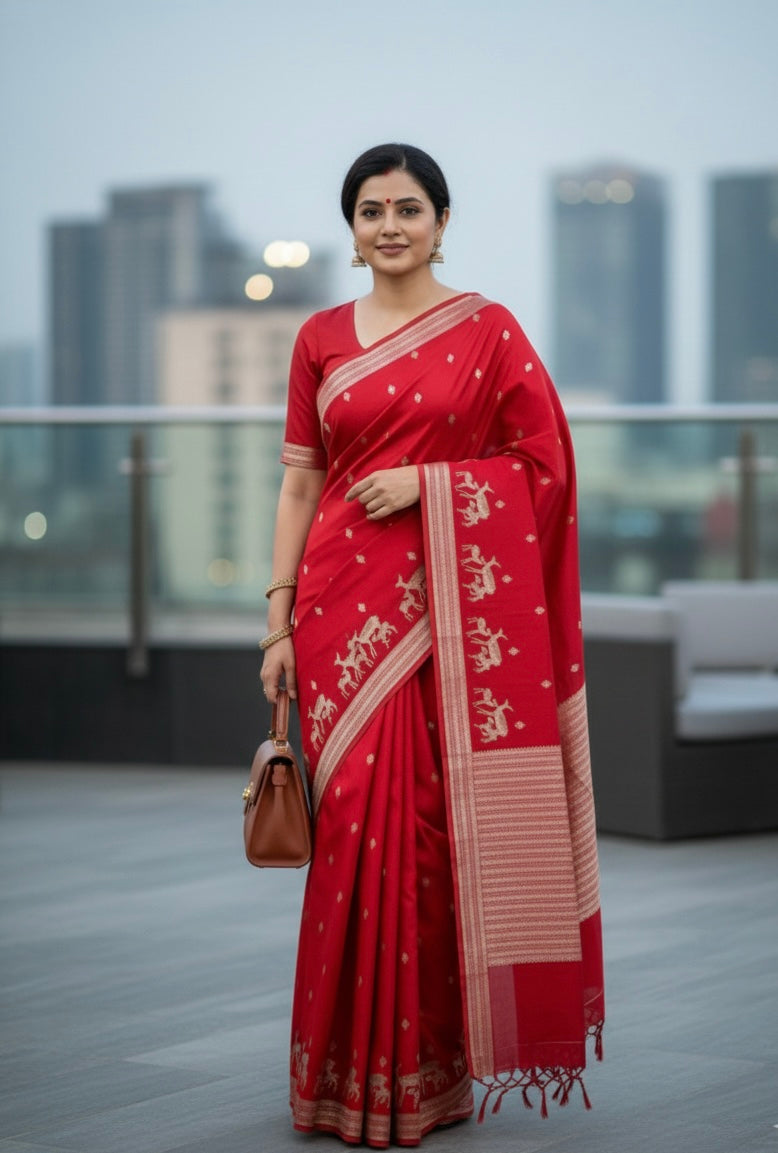 Handwoven Satin Silk Banarasi Saree with Deer Family Motifs | Heritage Artisan Weave