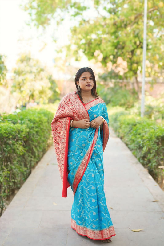 Blue & Red Banarsi Georgette Saree in contrast