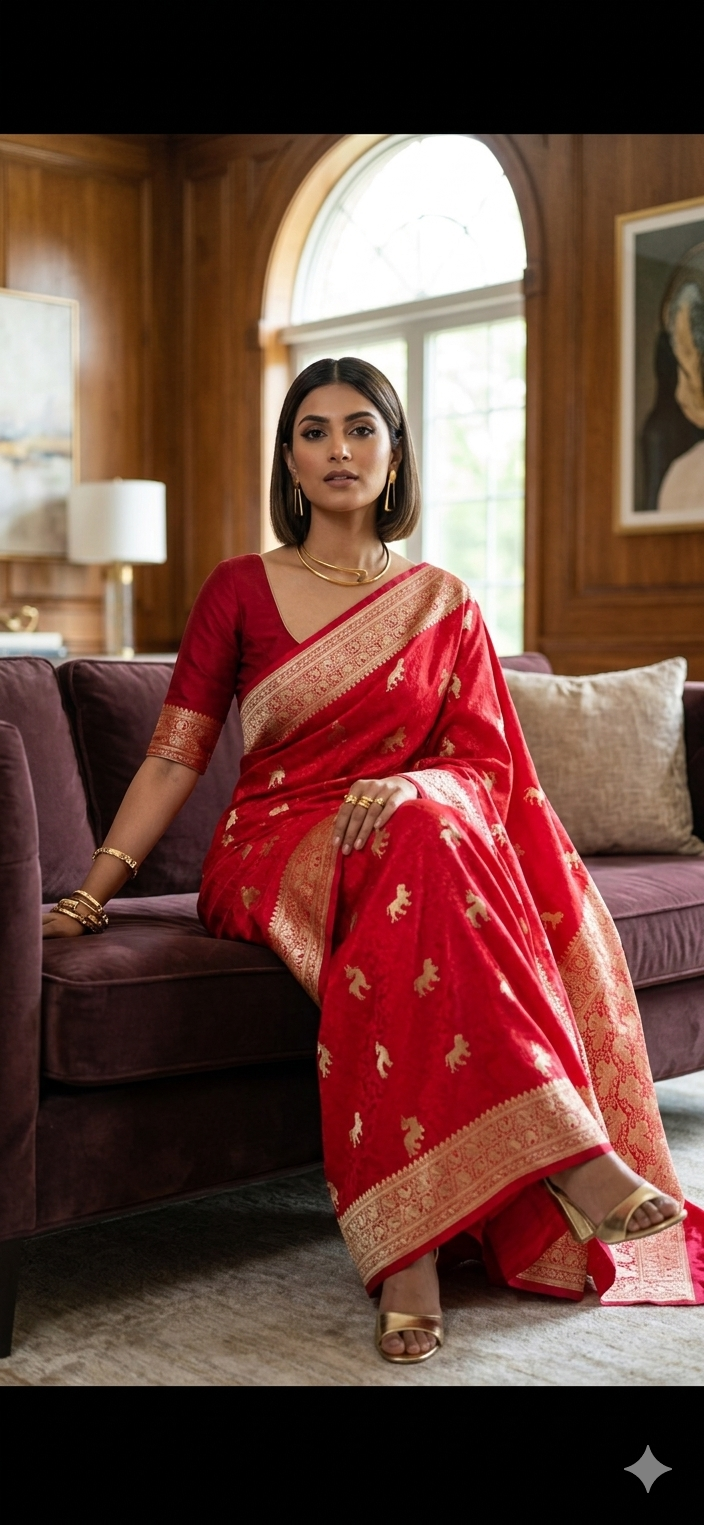 Mashru Silk Banarasi Saree with Tanchoi Weave & Animal Motifs