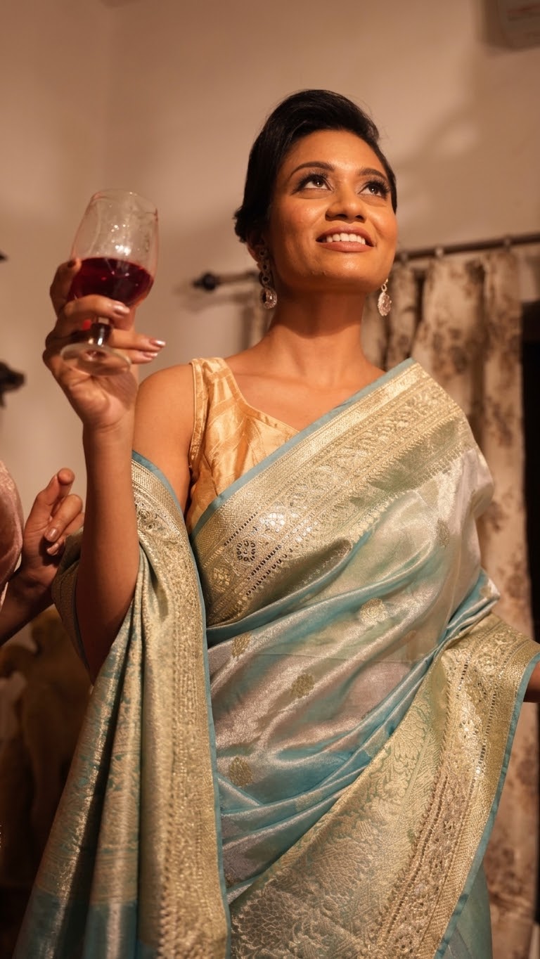 Blue Banarasi Tissue Silk Saree with Gotta Patti with stitched blouse
