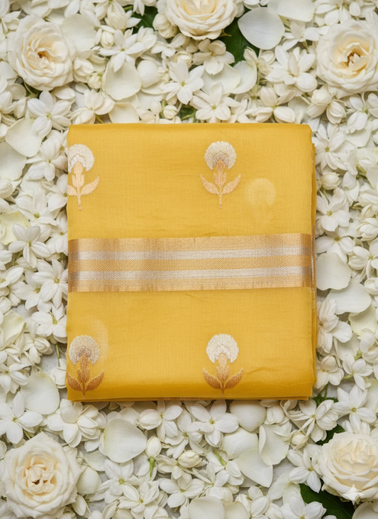 Banarasi Kora Silk Saree Handwoven LimeYellow - Silk mark