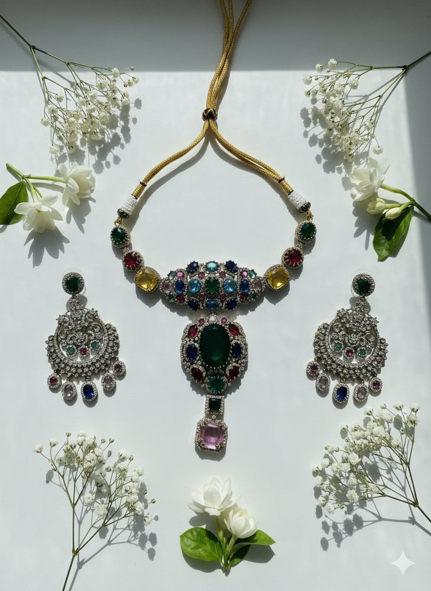 Royal Multicolor Gem Stone Jewelry Set | Statement Brass Necklace & Earrings | Bridal Jewelry | Indian Wedding Set | Festive Multigem Necklace