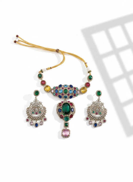 Royal Multicolor Gem Stone Jewelry Set | Statement Brass Necklace & Earrings | Bridal Jewelry | Indian Wedding Set | Festive Multigem Necklace