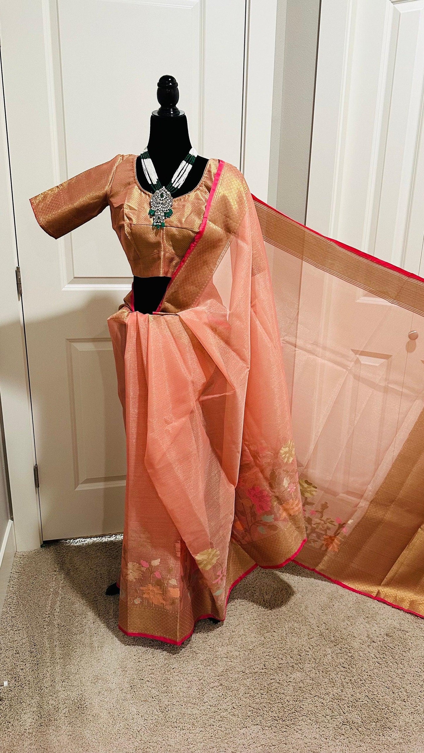 Banarasi Tissue Silk Saree with Skirt Border and sticthed blouse