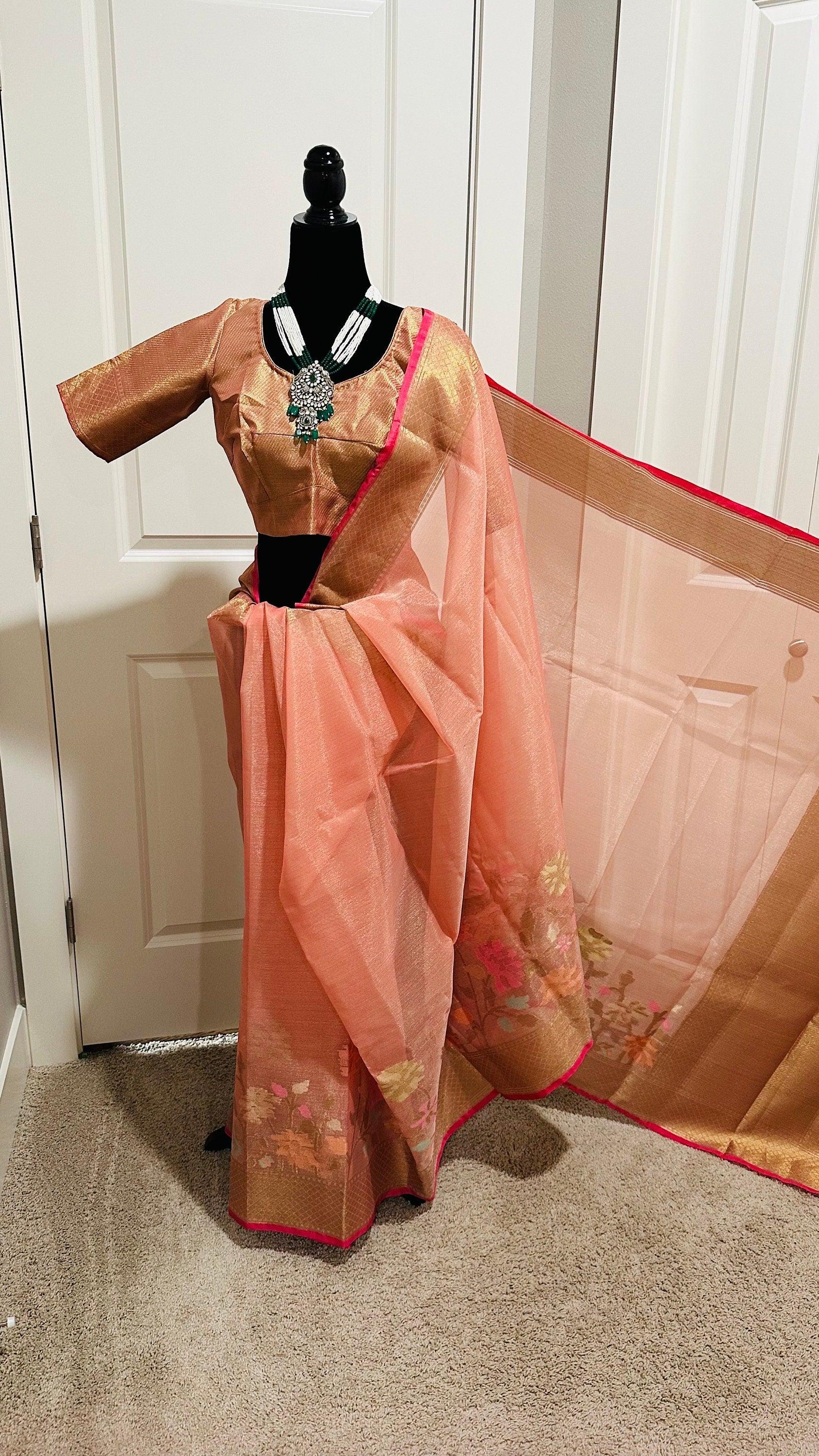 Banarasi Tissue Silk Saree with Skirt Border and sticthed blouse