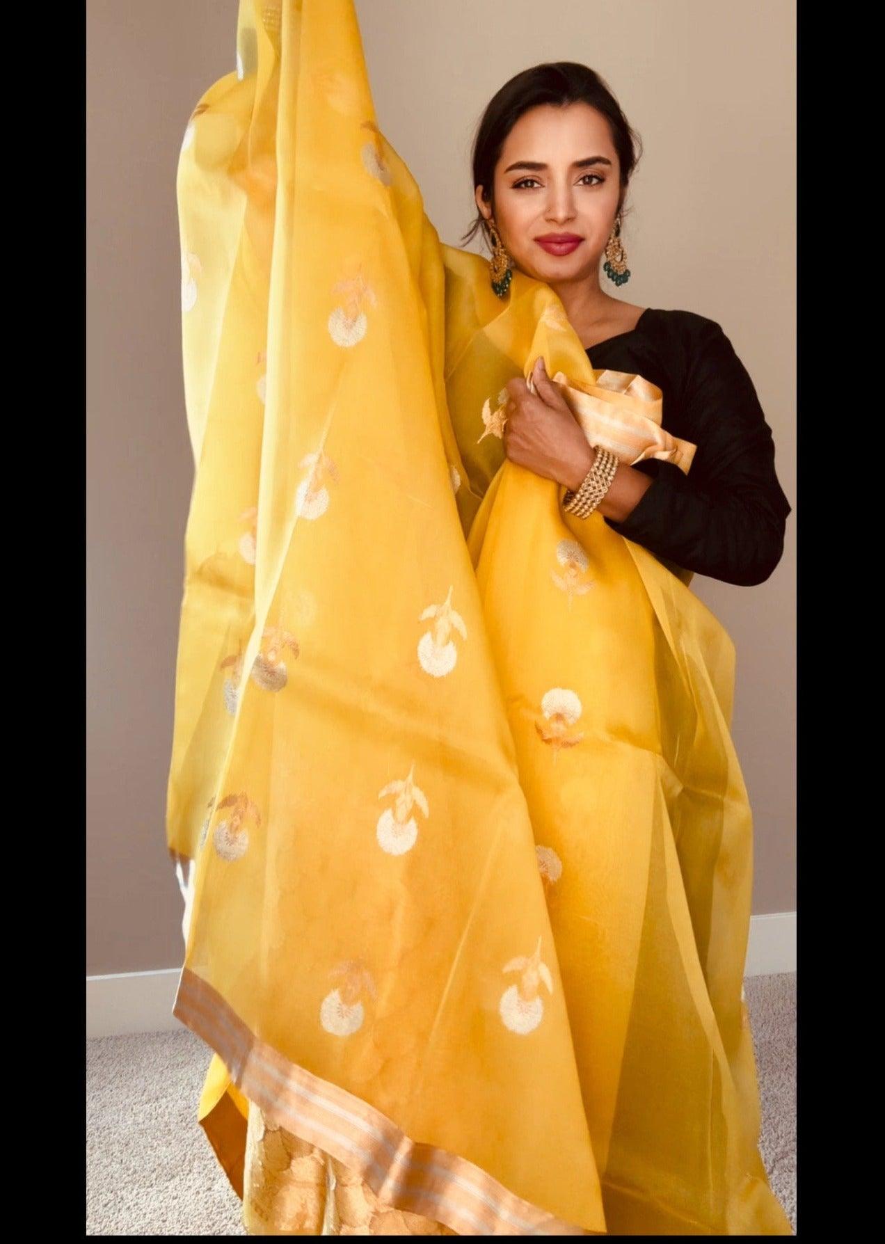 Banarasi Kora Silk Saree Handwoven LimeYellow - Silk mark - TheChicTale-Kora/Organza-Sarees