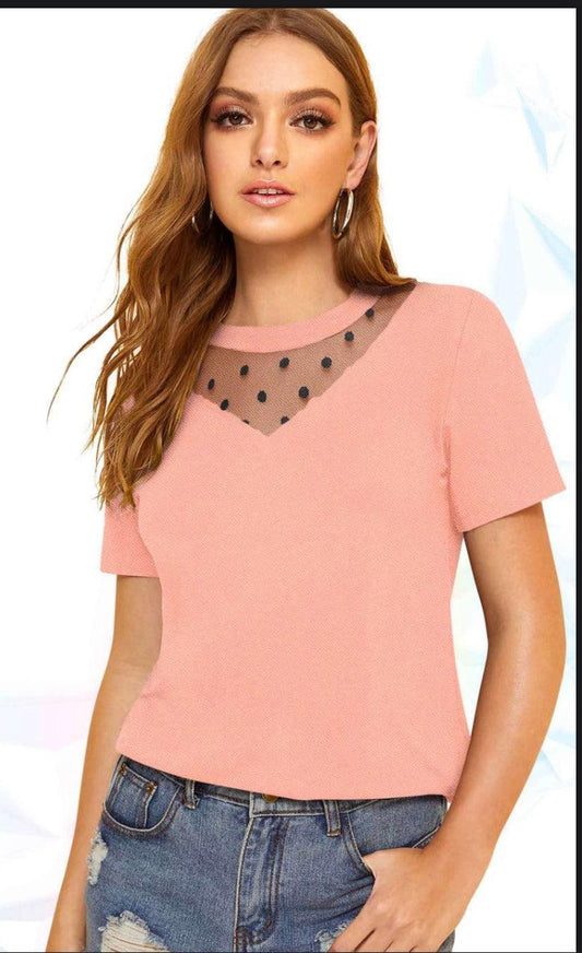 Swiss Dots Neckline Short Sleeves Mixed Media Top