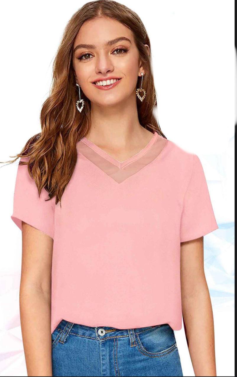 Short Sleeves Mixed Media Top with Net Neckline