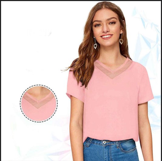 Short Sleeves Mixed Media Top with Net Neckline