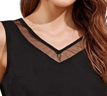 Sleeveless Mixed Media Top with Net Neckline