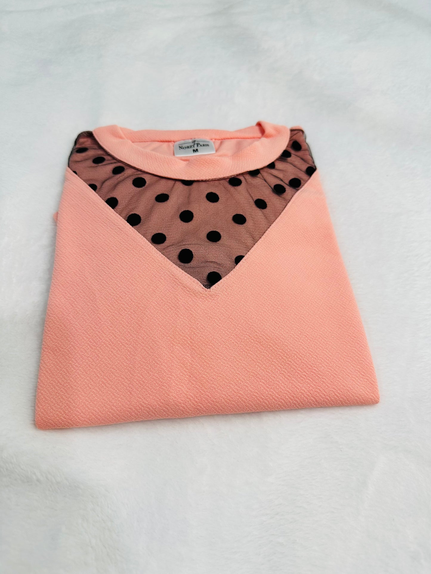 Swiss Dots Neckline Short Sleeves Mixed Media Top