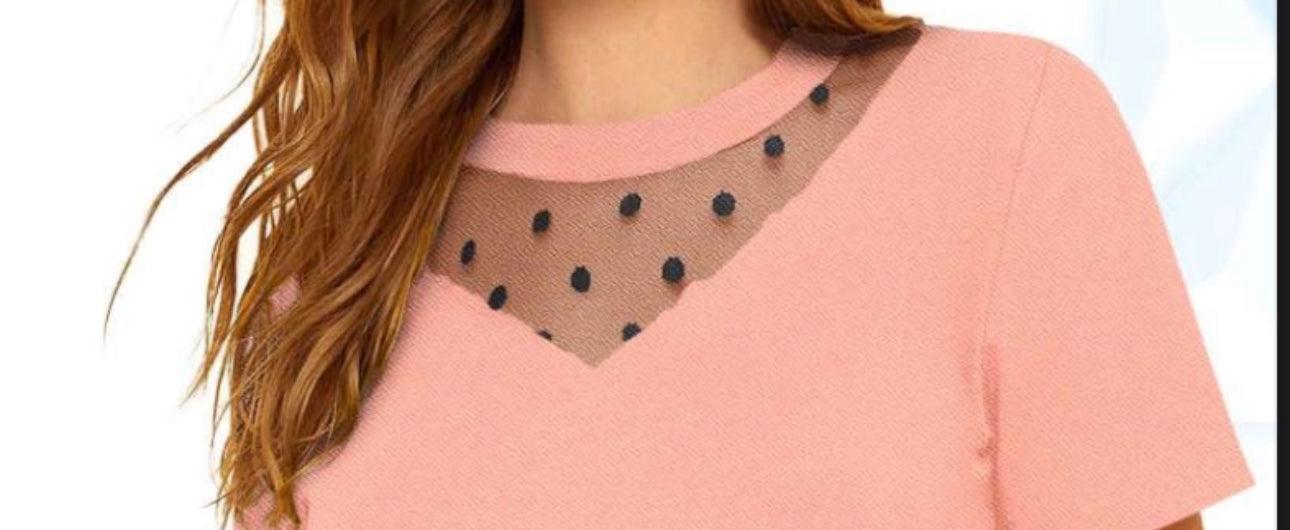 Swiss Dots Neckline Short Sleeves Mixed Media Top