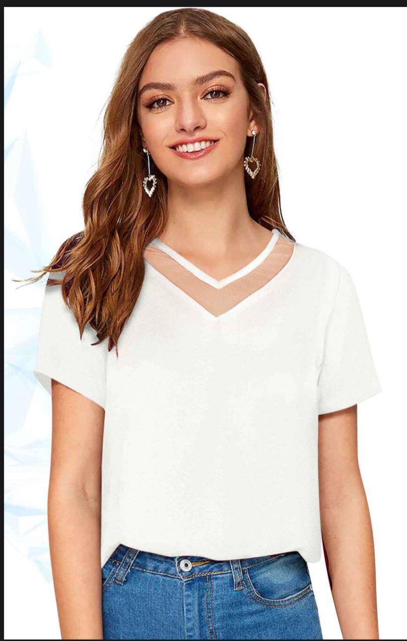 Short Sleeves Mixed Media Top with Net Neckline