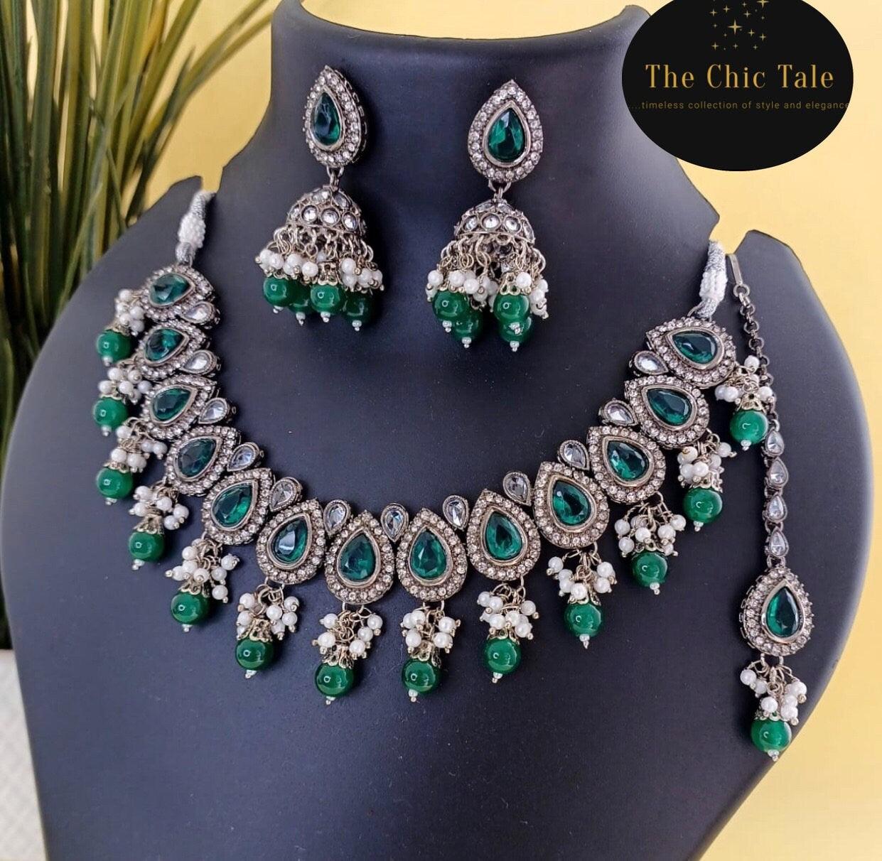 Emerald Green Polki Kundan Moti Jwellery Set