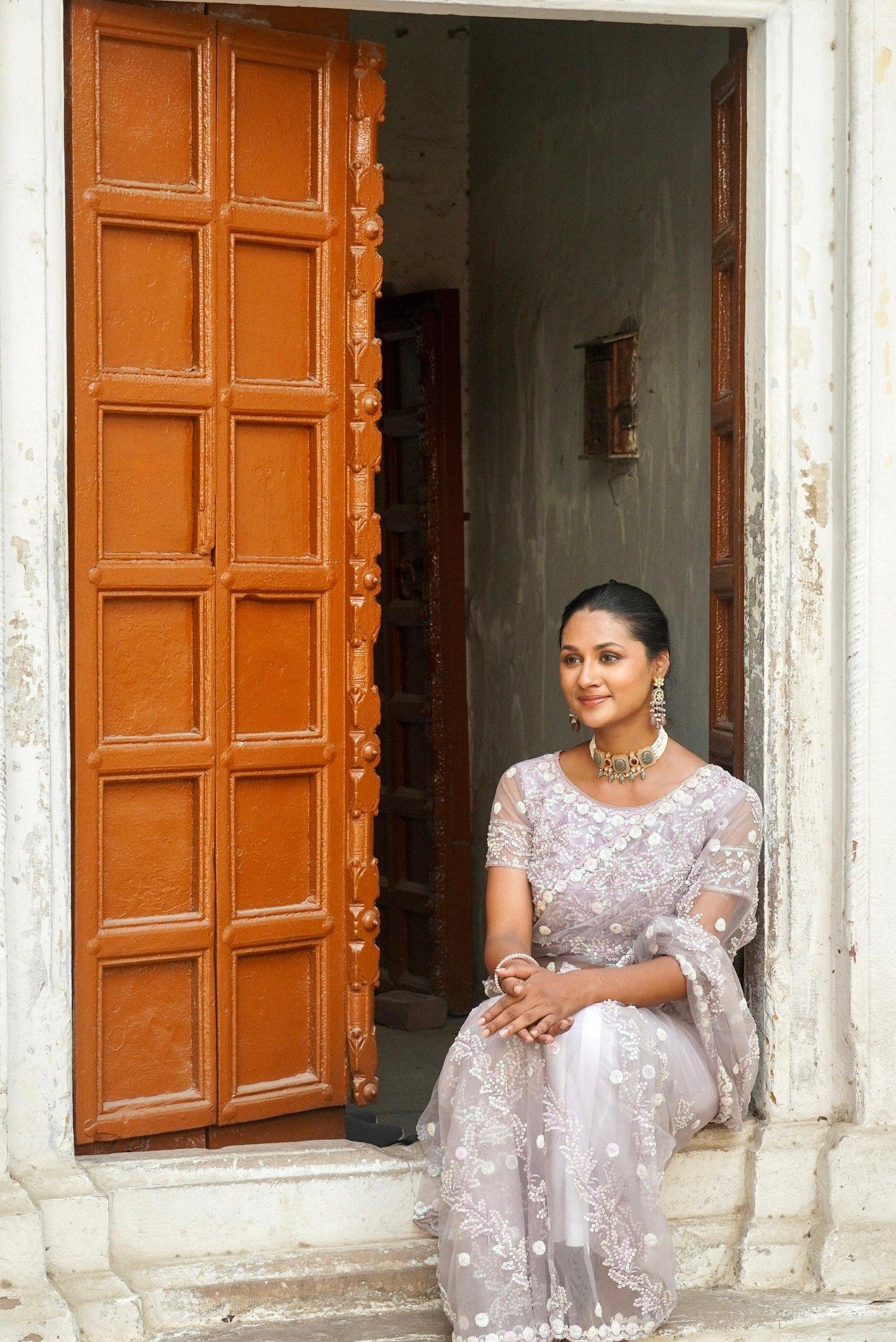 Beautiful Net Saree with -Jaal Embroidery with sequin all over, Fully Stitched Blouse and Satin Petticoat