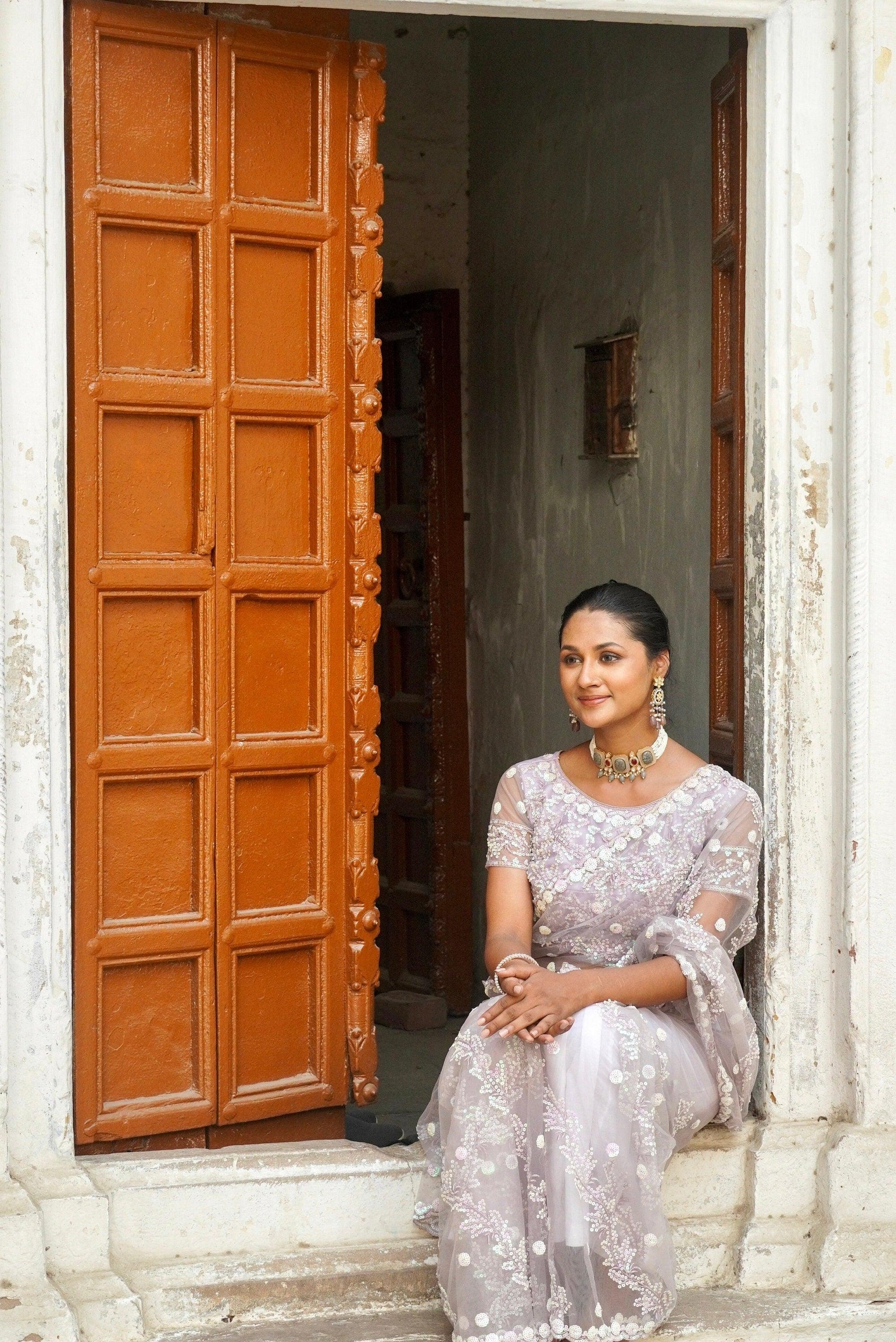 Beautiful Net Saree with -Jaal Embroidery with sequin all over, Fully Stitched Blouse and Satin Petticoat