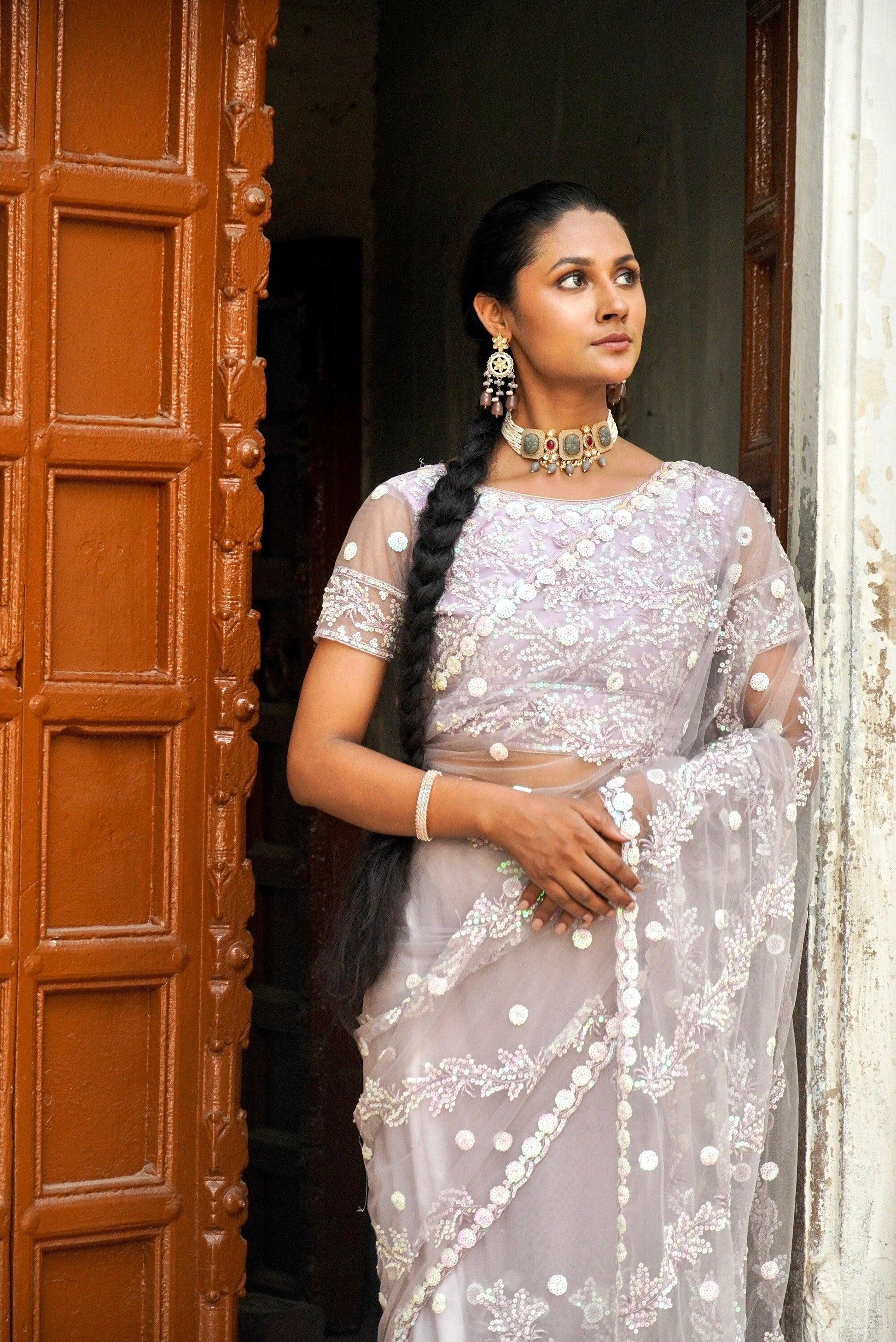 Beautiful Net Saree with -Jaal Embroidery with sequin all over, Fully Stitched Blouse and Satin Petticoat
