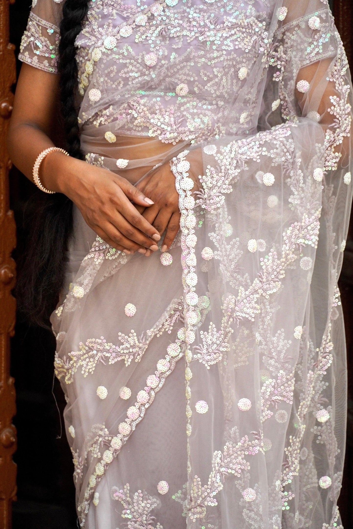Beautiful Net Saree with -Jaal Embroidery with sequin all over, Fully Stitched Blouse and Satin Petticoat