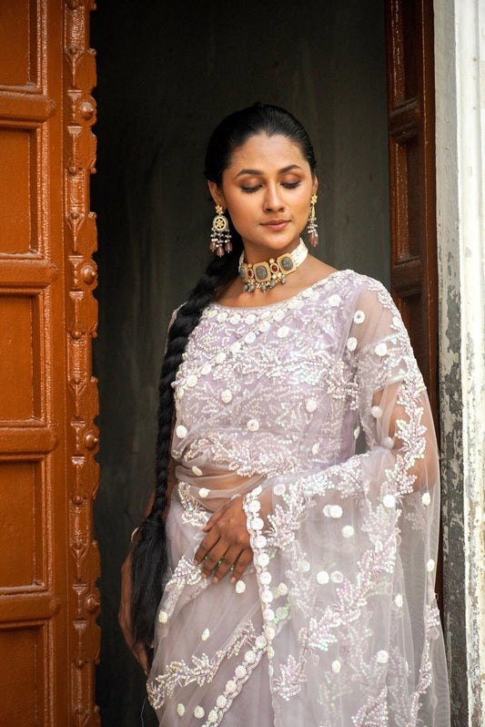 Beautiful Net Saree with -Jaal Embroidery with sequin all over, Fully Stitched Blouse and Satin Petticoat
